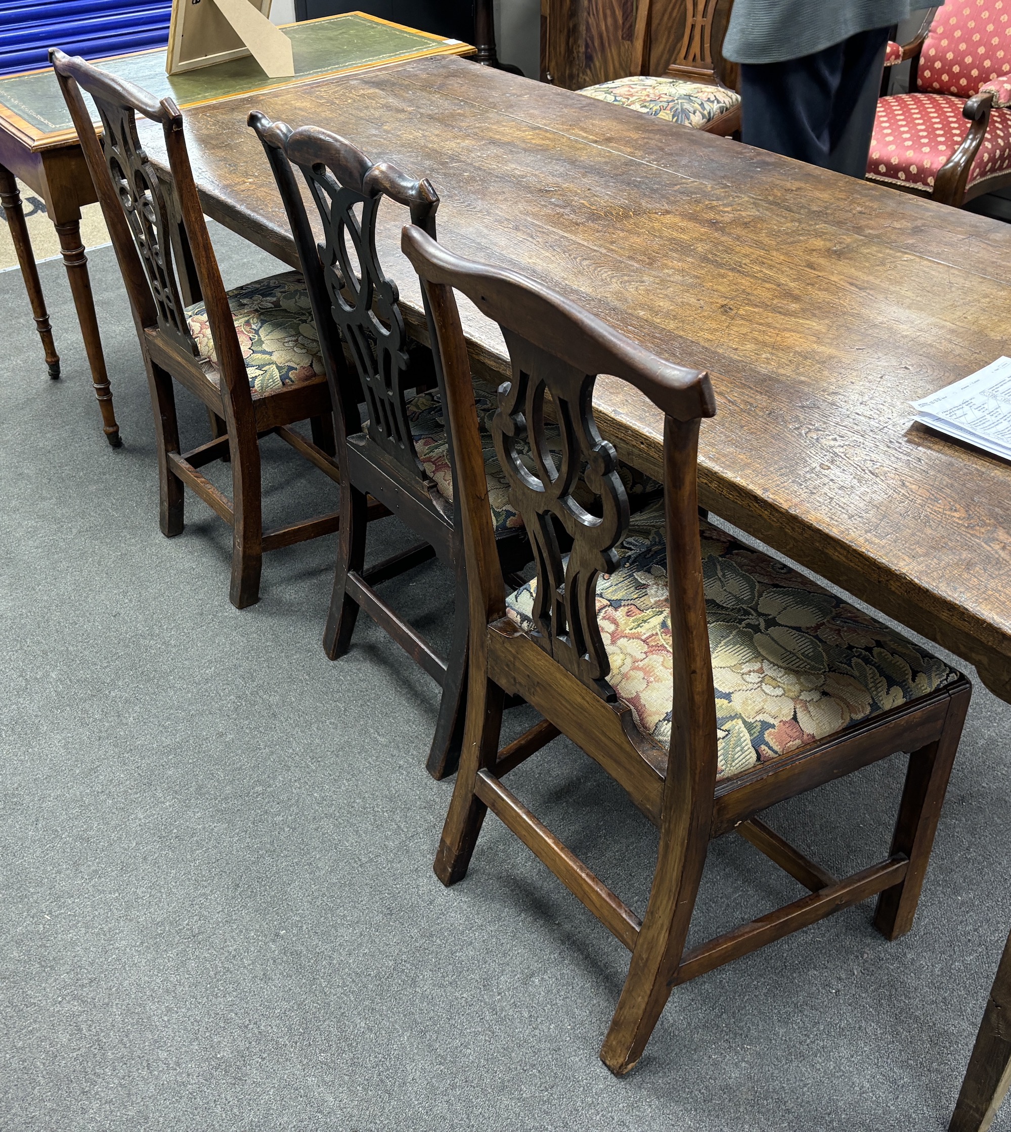 Seven George III Provincial mahogany oak and fruitwood dining chairs
